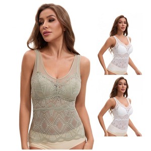 INSPIRE CHIC Women's 3 Packs Lace Mesh V-Back Wide Strap Fixed Cup Tank Top Longline Light and Breathable Camisoles - 1 of 4