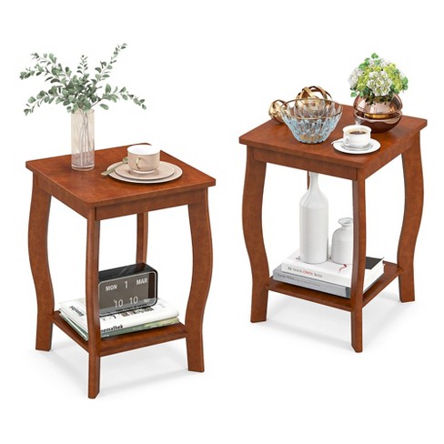 A Pair of End Tables- narrow wood tables with shelf