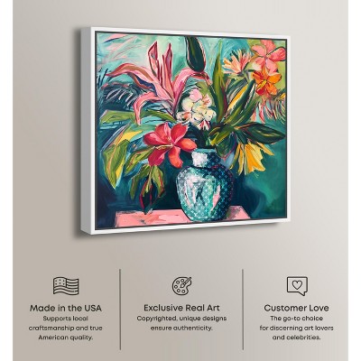 Vibrant Tropical Flowers in Vase Canvas Painting with White Frame