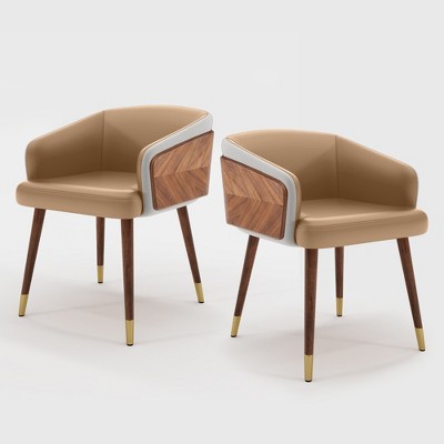 ARTPLAN Mid Century Modern Dining Chair Set of 2,Faux Leather Uphoolsted Accent Arm Chair,Walnut with Beech Feet for Dining Room/Home Office