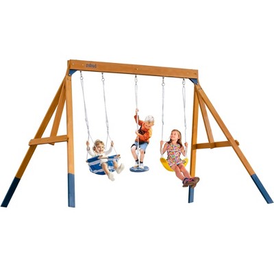 ROBOTIME Play and Swing Sets,Wooden Outdoor Swing Set with Three Swings and Trapeze Bar for Kids and Toddlers, Multicolored, 129.92"*84.2"*81.8"