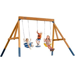 ROBOTIME Play and Swing Sets,Wooden Outdoor Swing Set with Three Swings and Trapeze Bar for Kids and Toddlers, Multicolored, 129.92"*84.2"*81.8" - 1 of 4