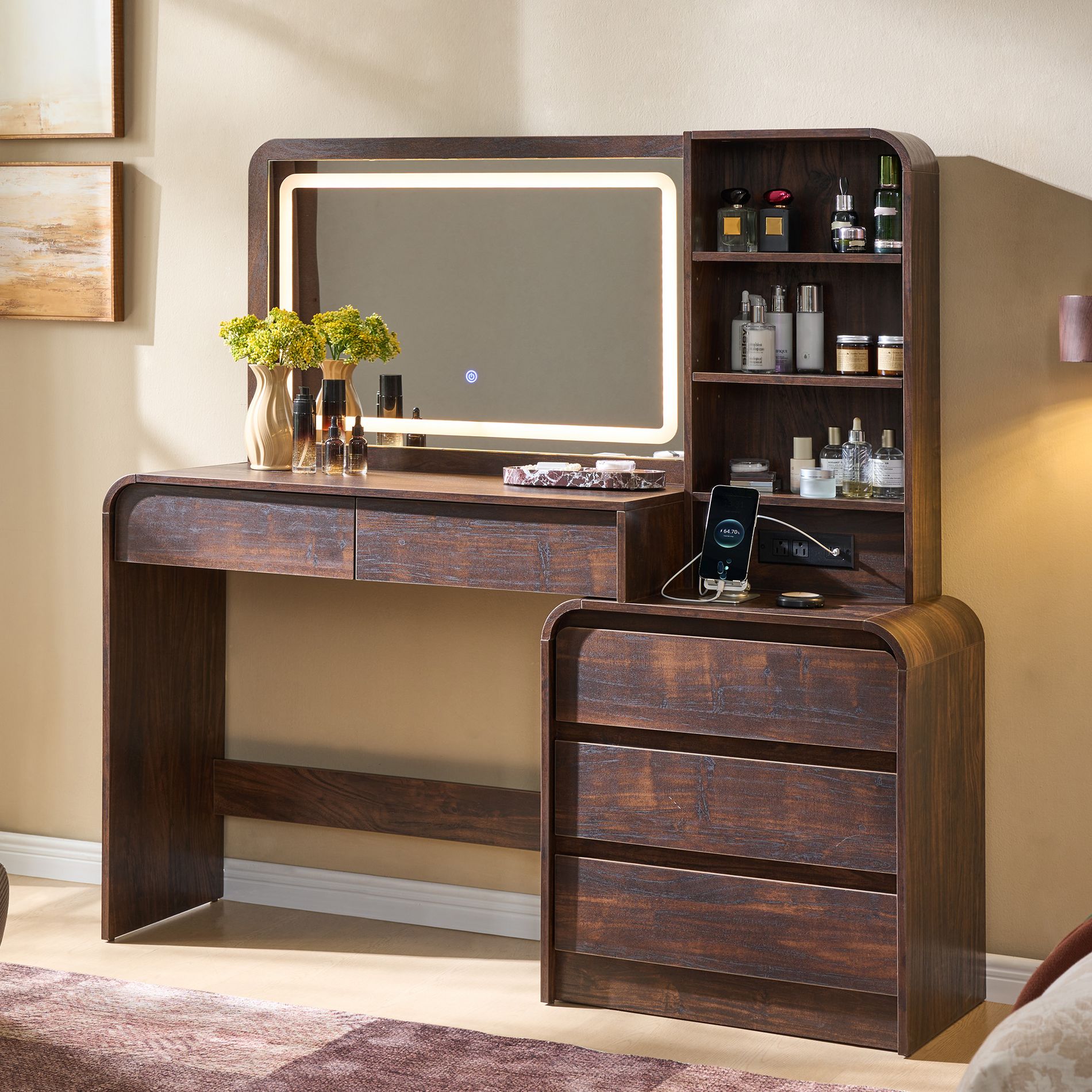 Vanity Desk with 35.4" LED Mirror and Lights, Modern Makeup Vanity Table with Charging Station & Adjustable Shelves, Brown