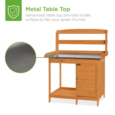 Fir Wood Outdoor Potting Bench with Metal Tabletop and Storage Cabinet