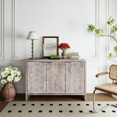 NicBex 46.25" Farmhouse 3-Door Sideboard,Kitchen Storage Cabinets with Hexagonal Pattern and Metal Handle for Kitchen and Dining Room,Light Brown