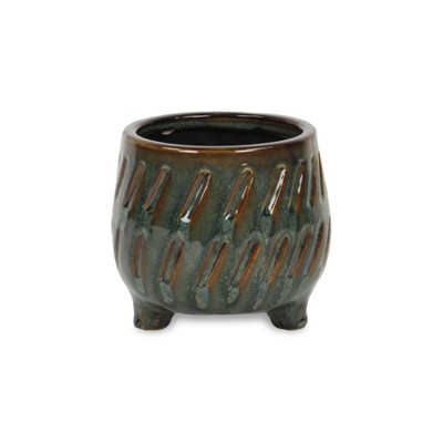 Cheung's Astrona Raised Round Dual Band Diagonal Patterned Ceramic Pot- Small - Dark Copper