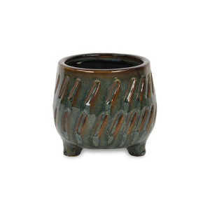 Cheung's Astrona Raised Round Dual Band Diagonal Patterned Ceramic Pot- Small - Dark Copper - 1 of 3