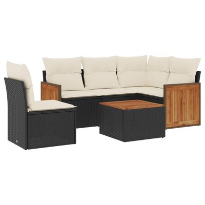 vidaXL 6 Piece Patio Sofa Set with Cushions Black and Cream Poly Rattan - With Table