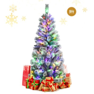 Tangkula Pre-lit Snow Flocked Christmas Pine Tree, Hinged Artificial Xmas Tree W/ Remote-controlled Multi-Color Lights