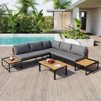 Outdoor 4-Piece Sofa Set, Sofa Set with Side Table and Coffee Table, Sofa with Iron Frame and Polyester Cushions-Coolbibila
