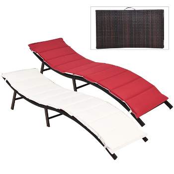 Tangkula 2PCS Outdoor Patio Rattan Wicker Lounge Chair Chaise Folding W/ Reversible Cushions Red & White