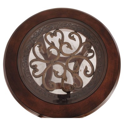 Round Dark Brown Wood and Glass End Table