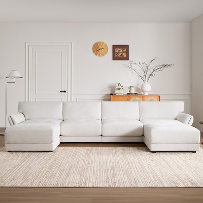 142" U-Shaped Comfy Modular Sectional Sofa Set,Wooden Frame Petal Armrest Chenille Fabric Sofas Set,6 Seater Modular Lounge Couch-Baofuwish