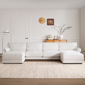 142" U-Shaped Comfy Modular Sectional Sofa Set,Wooden Frame Petal Armrest Chenille Fabric Sofas Set,6 Seater Modular Lounge Couch-Baofuwish - 1 of 4