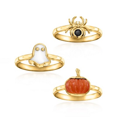 Ross-Simons Mother-Of-Pearl, Carnelian and .10 Carat Black Spinel Jewelry Set: 3 Halloween Rings in 18kt Gold Over Sterling