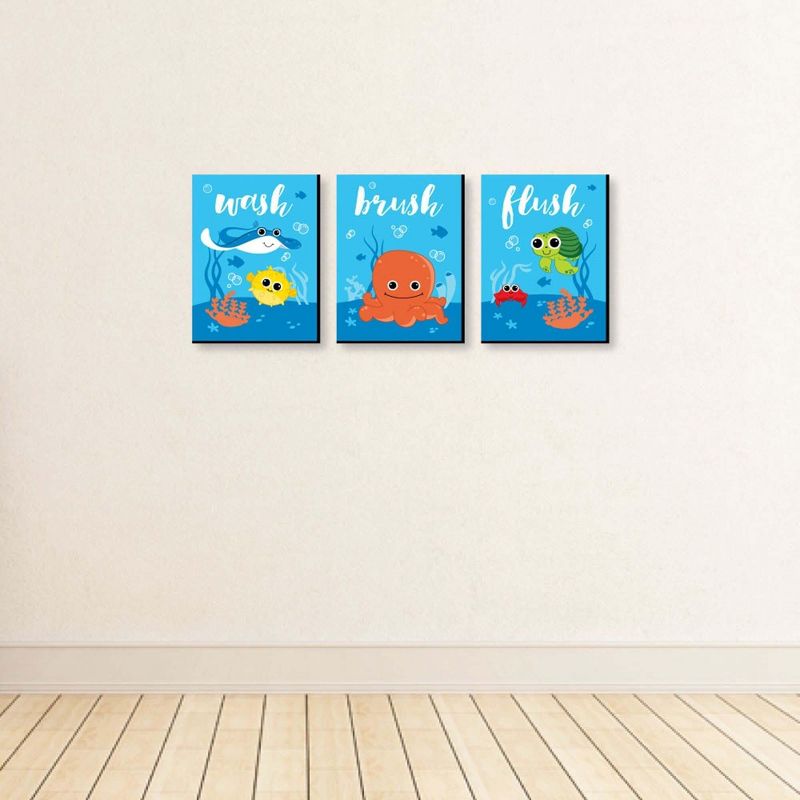 Big Dot of Happiness Under the Sea Critters - Kids Bathroom Rules Wall Art - 7.5 x 10 inches - Set of 3 Signs - Wash, Brush, Flush, 4 of 9