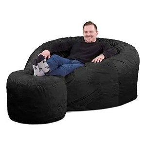Ultimate Sack 5 Foot Memory Foam Filled Machine Washable Fur Covered Bean Bag Chair with Zipper, Double Stitching, Inner Liner, & Footstool, Charcoal - 1 of 4