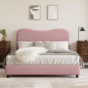 Bed Frame for Kids with Velvet Upholstered Headboard, Cute Low Profile Platform Bed for Girls and Boys - 1 of 4