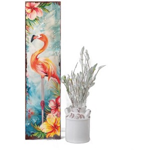 HomeRoots 36" Blue Coral And Pink Solid Wood Tropical Floral Flamingo Porch Sign - 1 of 4