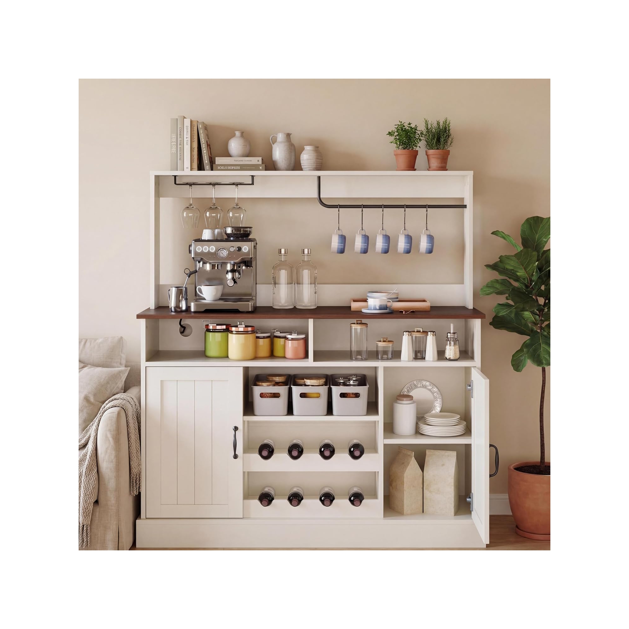 Farmhouse Coffee Bar Cabinet 47", MDF w/Power Outlets, Wine Rack, Black