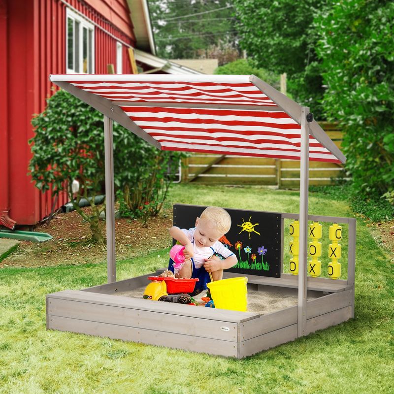 Outsunny Kids Sandbox with Adjustable Canopy, Bench Seats Wooden Sandbox, Backyard Toy with Chalkboard, Tic Tac Toe Game, Gift for Ages 3-7, 3 of 7