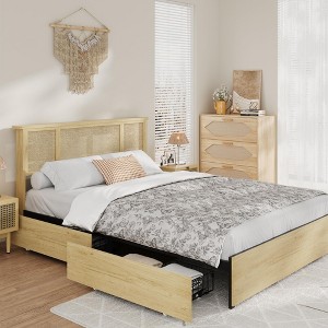Bed Frame with Natural Rattan Headboard, Queen Size, 4 Storage Drawers, Wooden Slats, Boho-Style Cane Support, Metal Base - 1 of 4