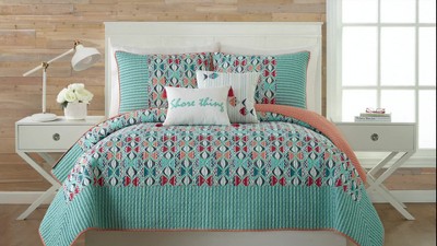 Teal and Coral Cotton King Sham with Artistic Fish Pattern