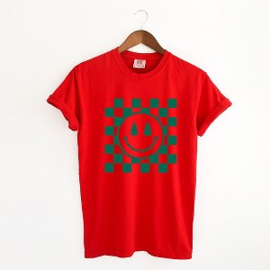 Simply Sage Market Women's Checkered Christmas Smiley Short Sleeve Garment Dyed Tee - 1 of 4