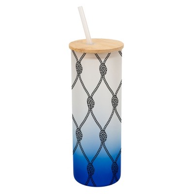 Elanze Designs Nautical Knotted Rope Pattern Wrap-Around Design 25 Ounce Frosted Gradient Glass On-The-Go Coffee Travel Skinny Tumbler Mug Cup, Bamboo