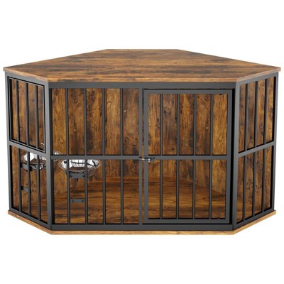 LOVMOR 53 inch Furniture Dog Crate Corner, Dog Kennel Corner Wooden End Table with Bowl, Indoor Pet Crates Corner Side Table for Dogs