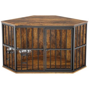 LOVMOR 53 inch Furniture Dog Crate Corner, Dog Kennel Corner Wooden End Table with Bowl, Indoor Pet Crates Corner Side Table for Dogs - 1 of 4