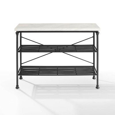 French Industrial Revival Matte Black Console with Faux Marble Top