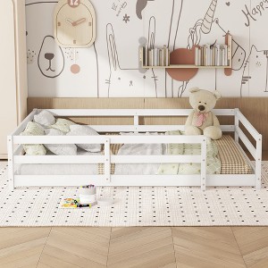 CAVINAS Twin/Full Size Montessori Bed Frame with High Fence,Modern Floor Bed for Kids Room,Bedroom - 1 of 4