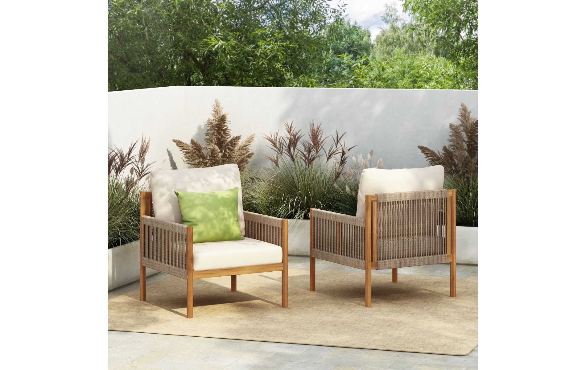 Set of 2 Outdoor Lounge Chair with Rope Weave Sides and Weather-Resistant Cushions, 28" Solid Wood Patio Armchair-3irtyhousy