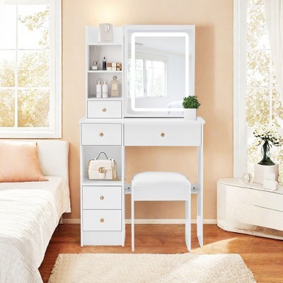 NicBex Vanity Desk with Mirror and Light Small Vanity with Sliding Mirror, Multi-Layer Storage, Compact Makeup Table with Stool for Bedroom