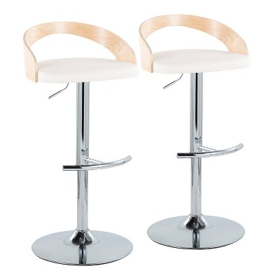 White and Natural Wood Adjustable Swivel Bar Stools, Set of 2