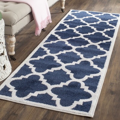 Navy and Beige Geometric Hand-Knotted Accent Rug 30" x 4"