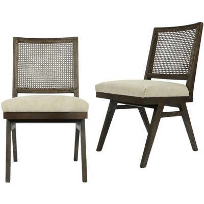 HomeRoots Set of Two Dark Brown And Gray Wood Cane And Upholstery Dining Side Chairs