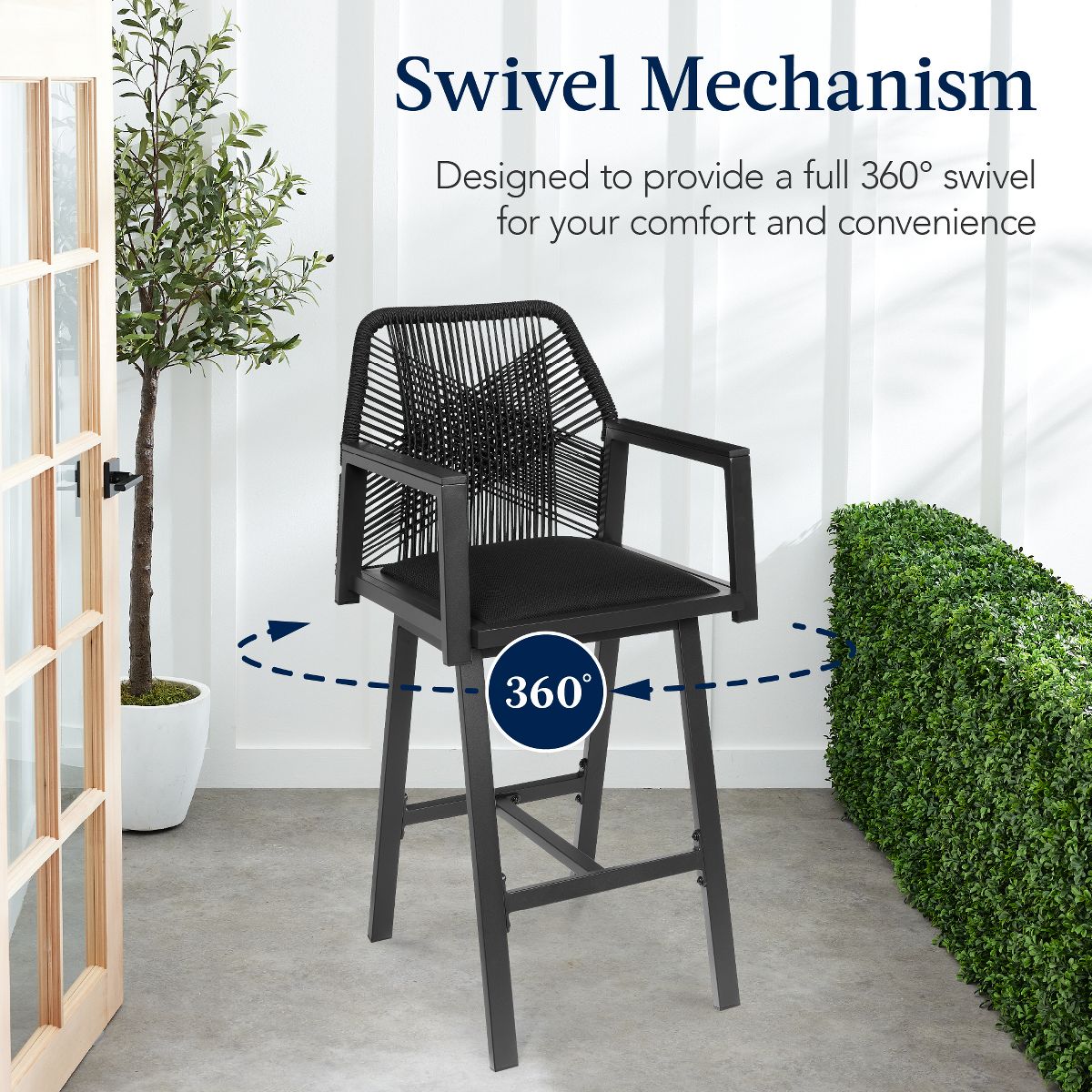 Best Choice Products Set of 2 Indoor/Outdoor Aluminum, Woven Rope Swivel Barstools w/ Armrests - Gray/Meteor - thumbnail 3