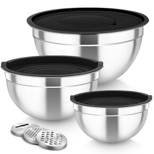 Itopfox Stainless Steel Mixing Bowls with Lids & Grater Attachments, Set of 3 Nesting Salad Bowls for Mixing, Serving, Storing, Non-Toxic & Durable - 1 of 4