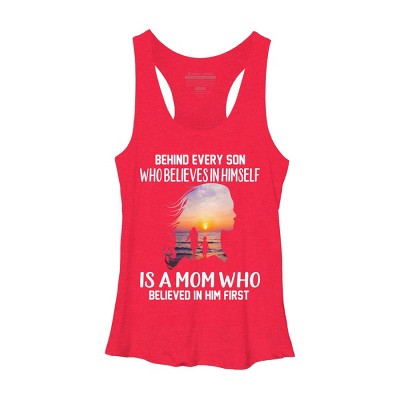 Women's Design By Humans Mother Behind Every Son Who Believes In Himself Is A Mom By corndesign Racerback Tank Top