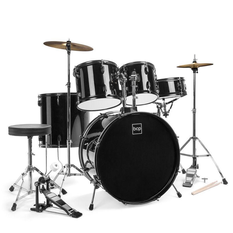 Best Choice Products 5-Piece Beginner Drum Set w/ Snare, Bass, Toms, Cymbal, Hi-Hat, Sticks, Chair, Drum Pedal - Black, 1 of 7
