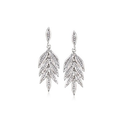 Ross-Simons 0.10 ct. t.w. Diamond Leaf Drop Earrings in 14kt White Gold
