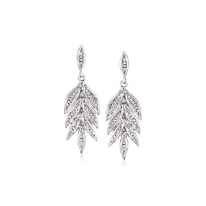 Ross-Simons 0.10 ct. t.w. Diamond Leaf Drop Earrings in 14kt White Gold - 1 of 2