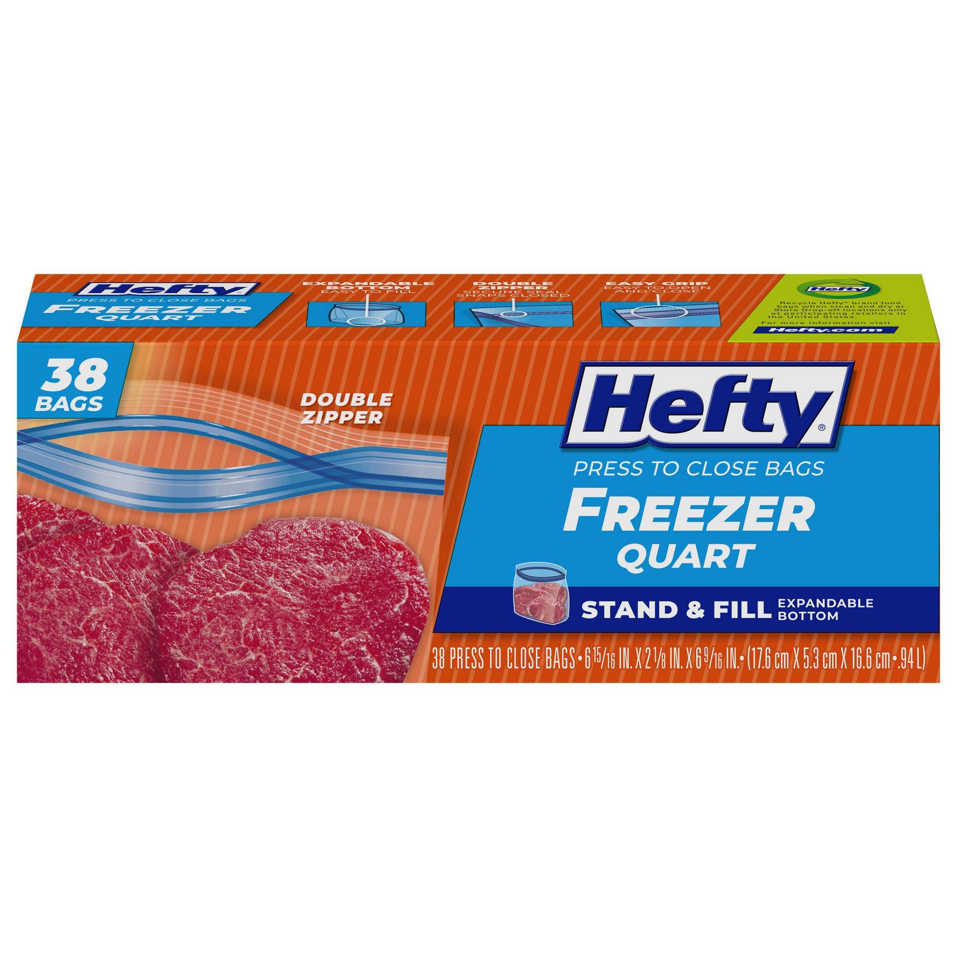 Hefty Quart Freezer Press to Close Food Storage Bags - 38ct: LDPE Material, Double Seal Lock
