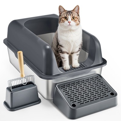 Munora 6" Deep Odor-Free Cat Litter Box, Stainless Steel with Filtering Foot Board