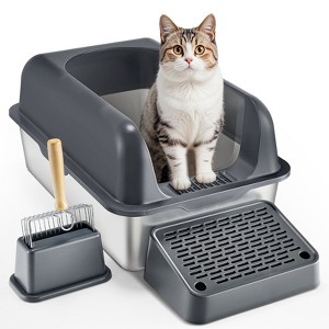 Munora 6" Deep Odor-Free Cat Litter Box, Stainless Steel with Filtering Foot Board - 1 of 4