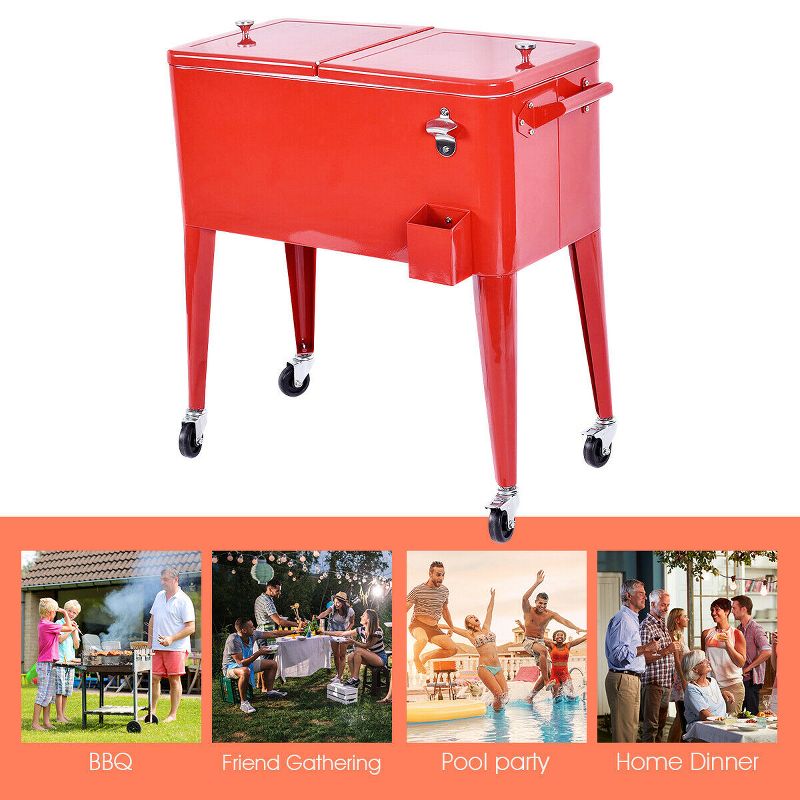 Costway Red Outdoor Patio 80 Quart Cooler Cart Ice Beer Beverage Chest Party Portable, 5 of 11