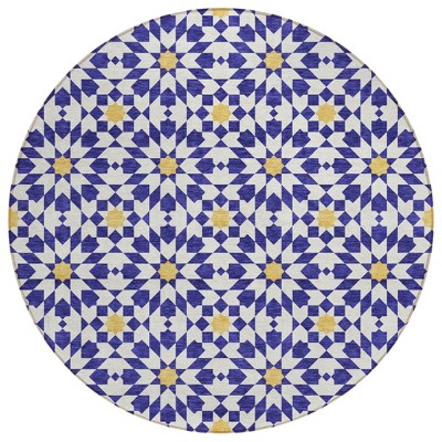 Navy Blue And Ivory Floral Medallion Washable Indoor Outdoor Area Rug