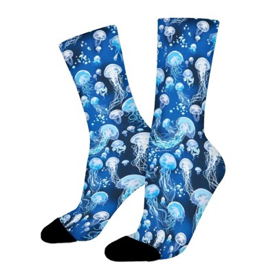 Aquarium-Jellyfish-Blue Women Printed Crew Socks Funny Funky Socks Soft Polyester Novelty Gifts for Artists Men